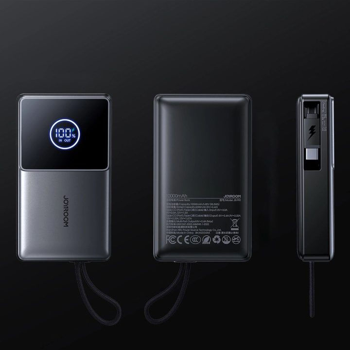 Išorinė baterija juoda su USB-C laidu ir ekranu 10000mAh