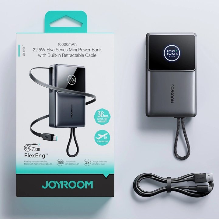 Išorinė baterija juoda su USB-C laidu ir ekranu 10000mAh