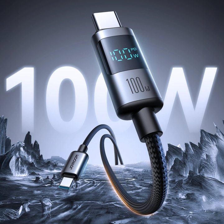 USB-C laidas juodas su ekranu greitam įkrovimui 100W