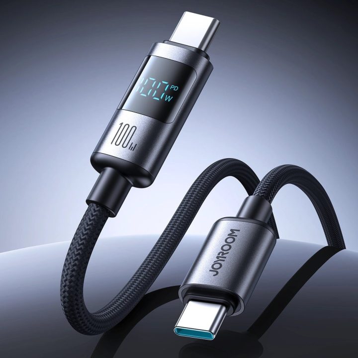 USB-C laidas juodas su ekranu greitam įkrovimui 100W