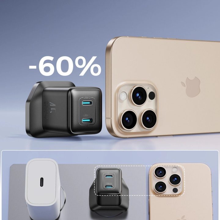 Sieninis įkroviklis juodas 45W su 2 USB-C lizdais