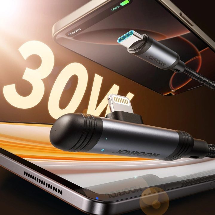 Įkrovimo laidas USB-C – Lightning juodas 90° kampu 30W 1.2 m