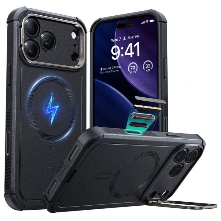 Telefono dėklas iPhone 17 Pro juodas su atrama MagSafe ESR