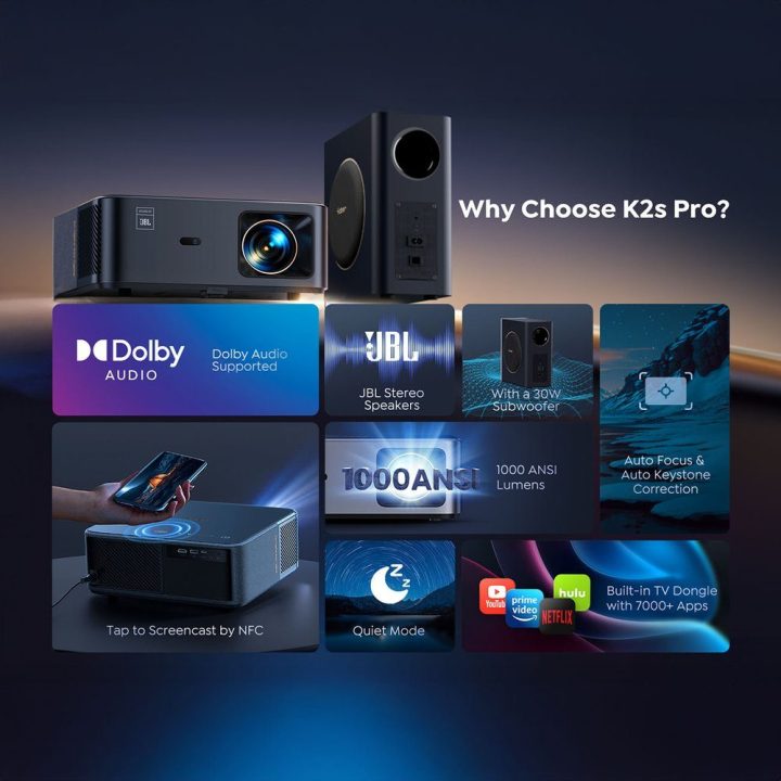 Multimedijos projektorius FullHD 1080p su JBL garsiakalbiais Yaber K2s Pro juodas