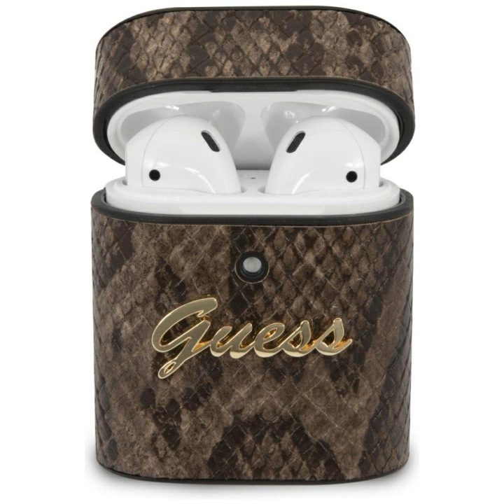 Ausinių dėklas AirPods rudas margintas Python Guess
