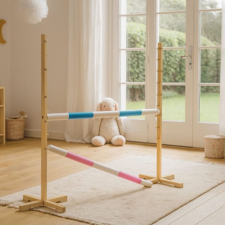 Šuolių kliūtis hobby horse žaidimui 120 cm šviesiai mėlyna ir rožinė