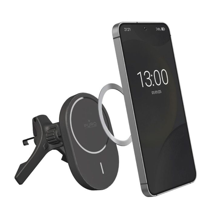 Automobilinis telefono laikiklis su belaidžiu Qi2 įkrovikliu MagSafe Puro juodas