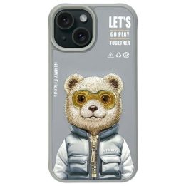 Telefono dėklas iPhone 15 pilkas su meškiuku Nimmy