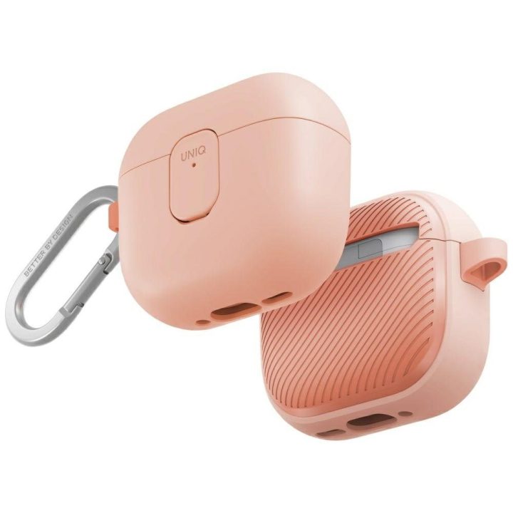 Ausinių dėklas AirPods 4 rožinis su karabinu Uniq