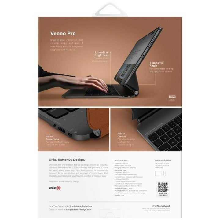 Planšetės dėklas klaviatūra iPad 11″ rudos spalvos magnetinis Uniq Venno Pro
