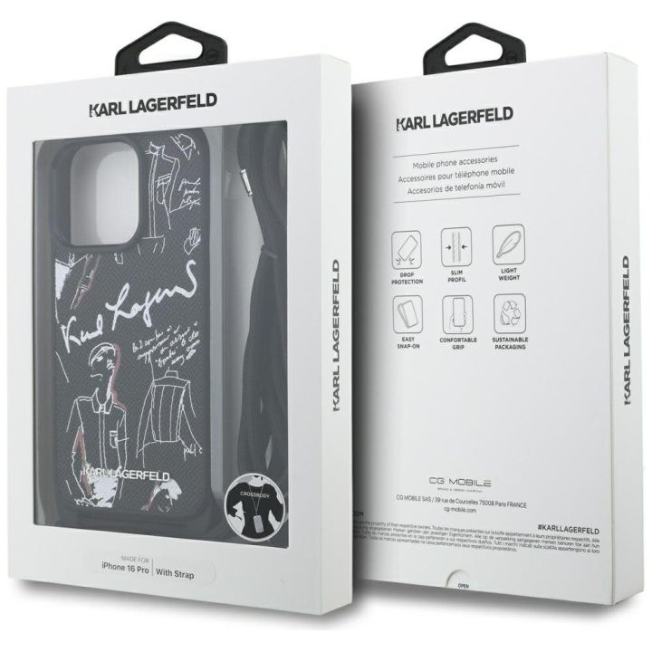 Telefono dėklas iPhone 16 Pro juodas su dirželiu Karl Lagerfeld