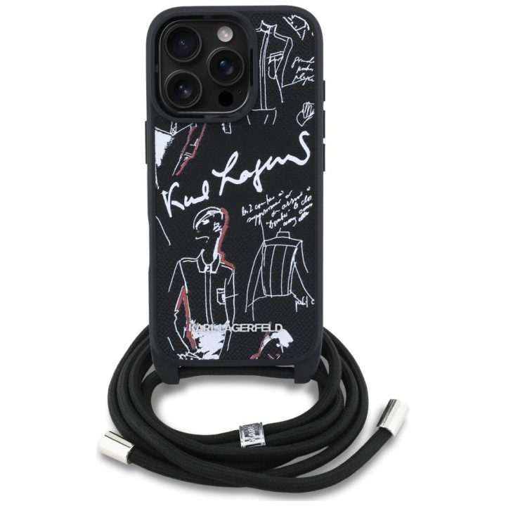 Telefono dėklas iPhone 16 Pro juodas su dirželiu Karl Lagerfeld
