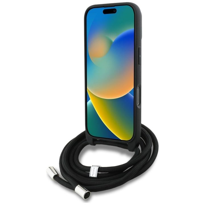 Telefono dėklas iPhone 16 Pro Max juodas su dirželiu Karl Lagerfeld
