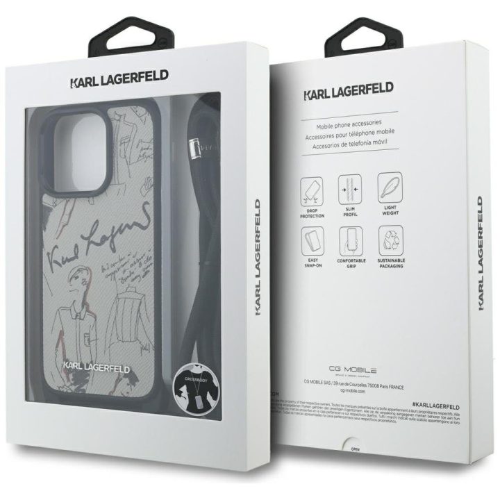 Telefono dėklas iPhone 16 Pro Max pilkas su dirželiu Karl Lagerfeld