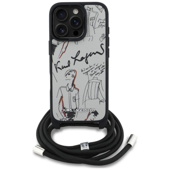Telefono dėklas iPhone 16 Pro Max pilkas su dirželiu Karl Lagerfeld