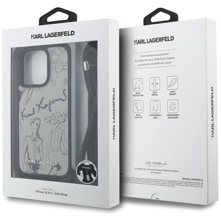 Telefono dėklas iPhone 16 Pro pilkas su dirželiu Karl Lagerfeld