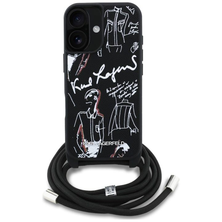 Telefono dėklas iPhone 16 juodas su dirželiu Karl Lagerfeld