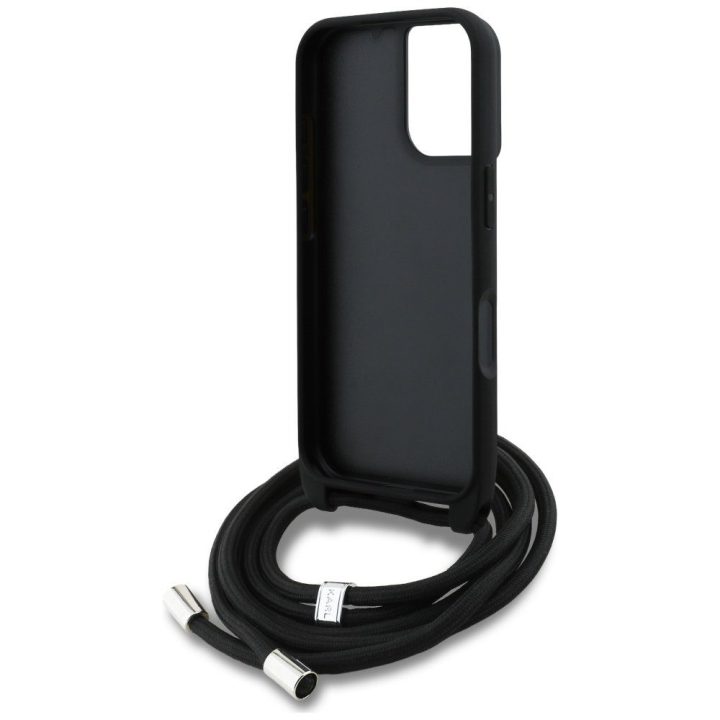 Telefono dėklas iPhone 16 juodas su dirželiu Karl Lagerfeld