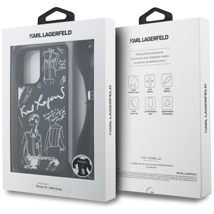 Telefono dėklas iPhone 16 juodas su dirželiu Karl Lagerfeld