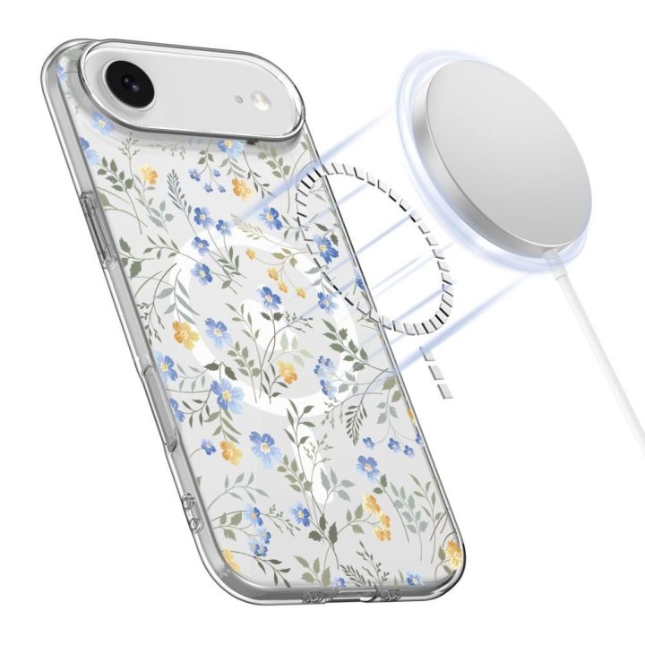 Telefono dėklas iPhone 17 gėlių rašto skaidrus MagSafe FlexAir