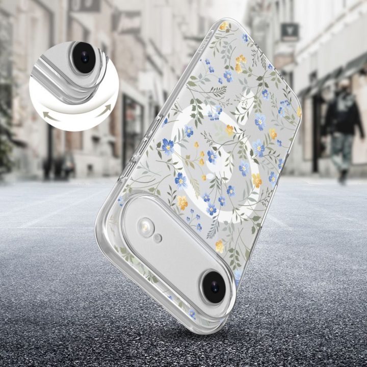 Telefono dėklas iPhone 17 gėlių rašto skaidrus MagSafe FlexAir
