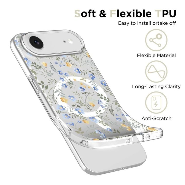 Telefono dėklas iPhone 17 gėlių rašto skaidrus MagSafe FlexAir