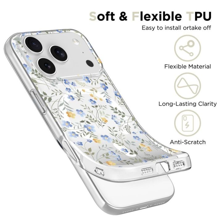 Telefono dėklas iPhone 17 Pro Max margintas gėlėmis MagSafe