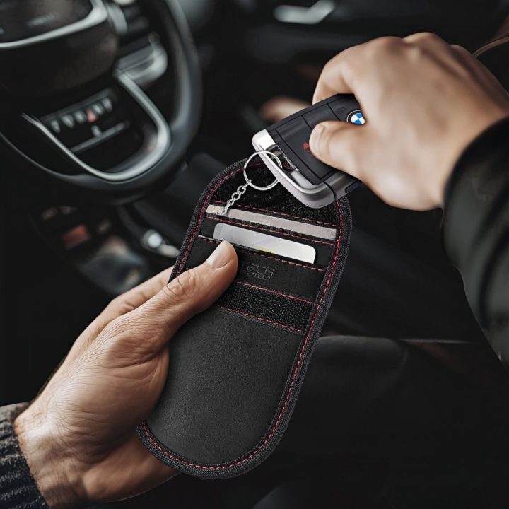 RFID dėklas raktams juodas su raudonomis siūlėmis KLR100
