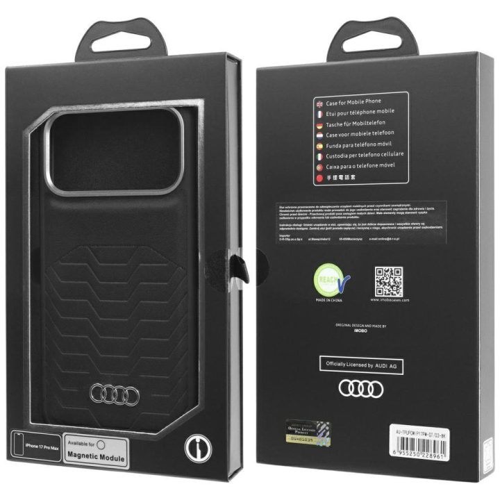 Telefono dėklas iPhone 17 Pro Max juodas eko oda MagSafe Audi