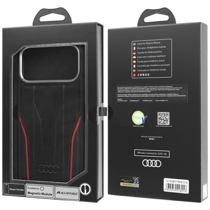 Telefono dėklas iPhone 17 Pro Max juodas natūrali oda MagSafe Audi R8
