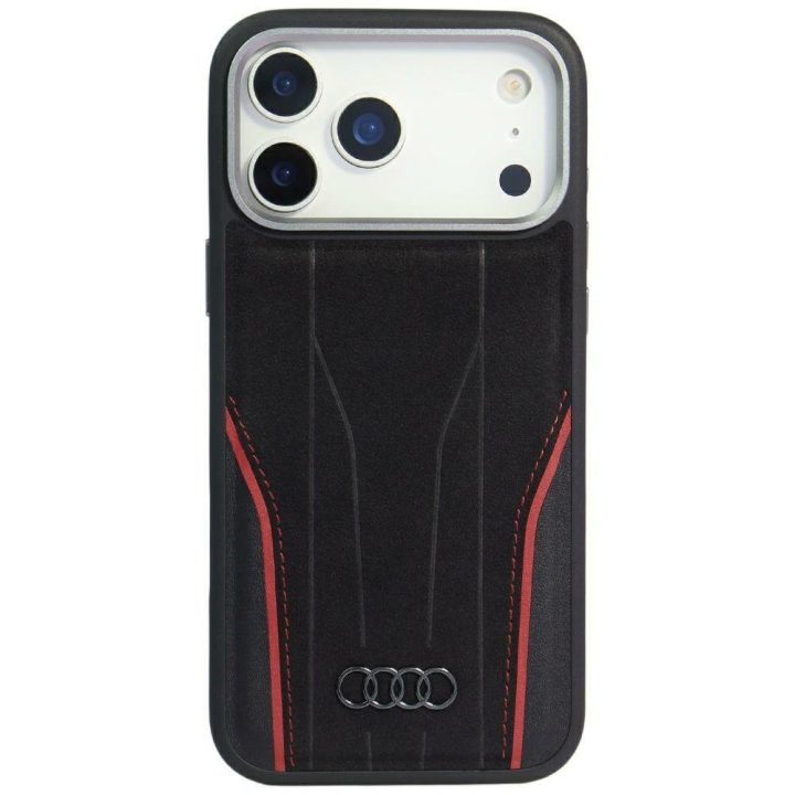 Telefono dėklas iPhone 17 Pro Max juodas natūrali oda MagSafe Audi R8