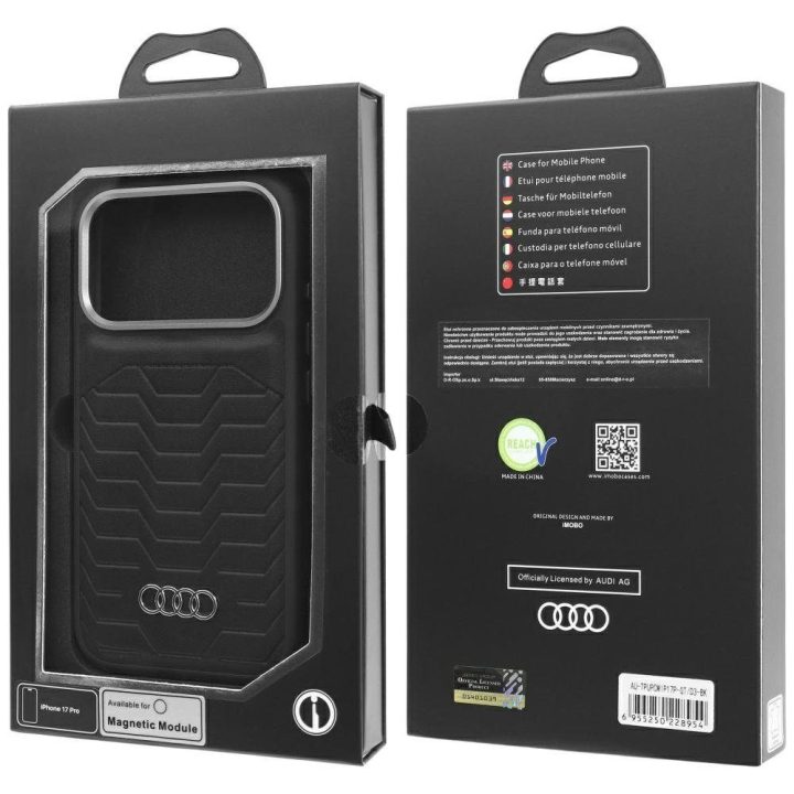Telefono dėklas iPhone 17 Pro juodas eko oda MagSafe Audi