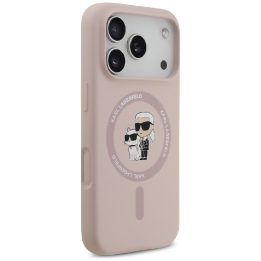 Telefono dėklas iPhone 17 Pro rožinis silikoninis MagSafe Karl Lagerfeld