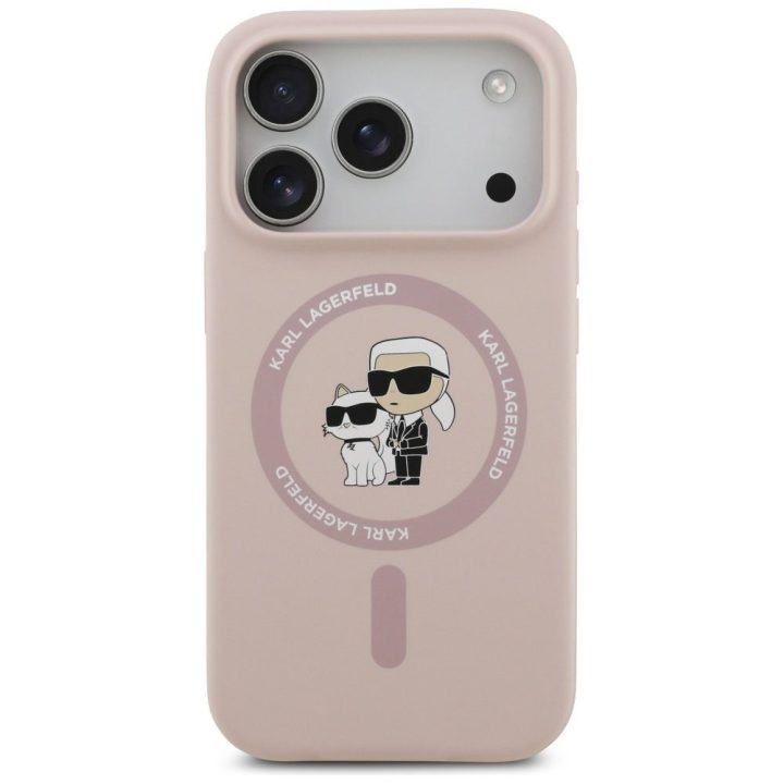 Telefono dėklas iPhone 17 Pro rožinis silikoninis MagSafe Karl Lagerfeld