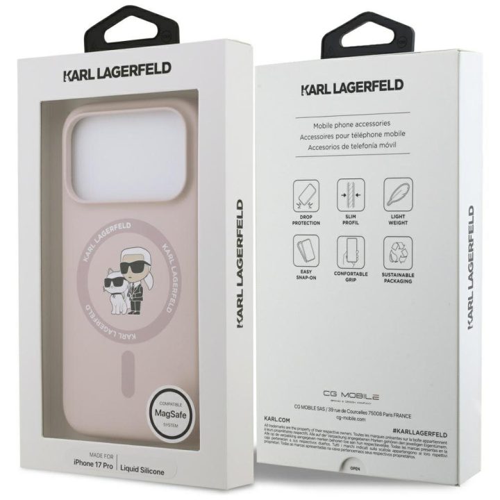 Telefono dėklas iPhone 17 Pro rožinis silikoninis MagSafe Karl Lagerfeld