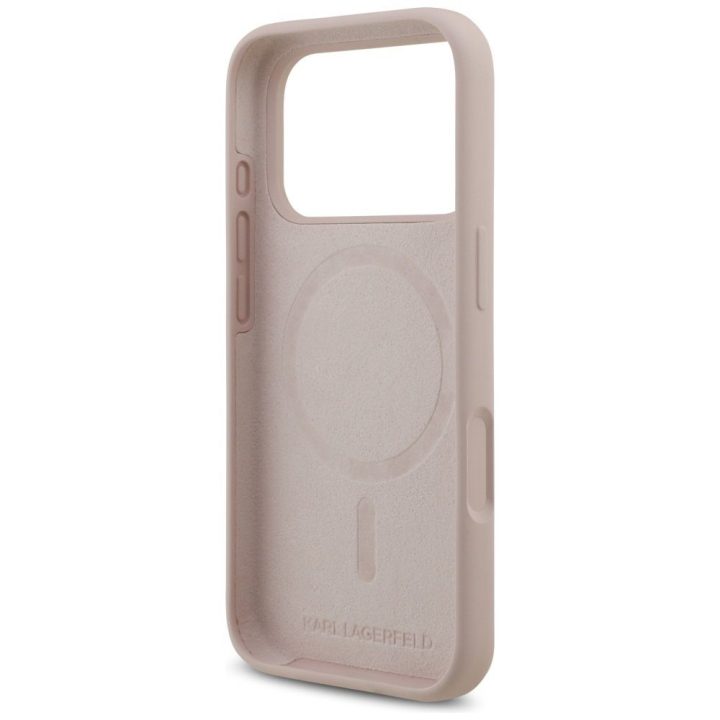 Telefono dėklas iPhone 17 Pro rožinis silikoninis MagSafe Karl Lagerfeld