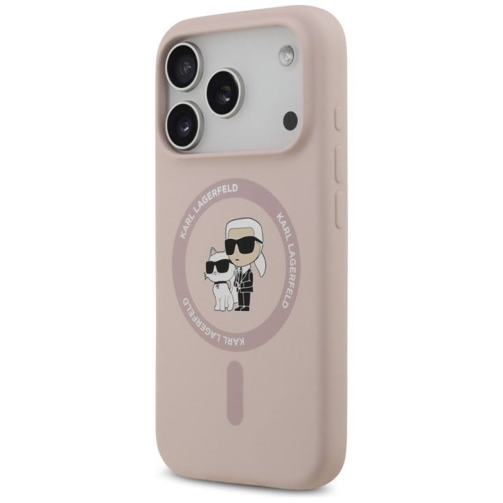Telefono dėklas iPhone 17 Pro rožinis silikoninis MagSafe Karl Lagerfeld