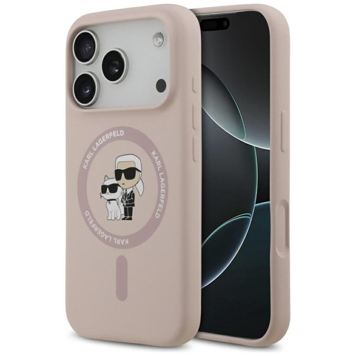 Telefono dėklas iPhone 17 Pro rožinis silikoninis MagSafe Karl Lagerfeld