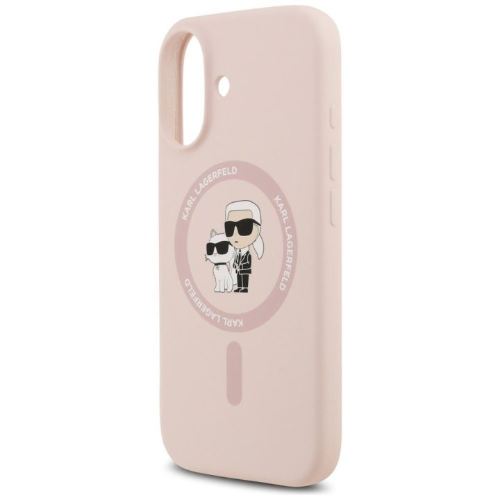 Telefono dėklas iPhone 17 rožinis silikoninis MagSafe Karl Lagerfeld