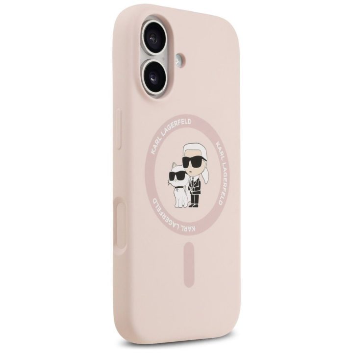 Telefono dėklas iPhone 17 rožinis silikoninis MagSafe Karl Lagerfeld