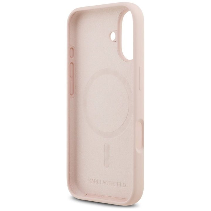Telefono dėklas iPhone 17 rožinis silikoninis MagSafe Karl Lagerfeld