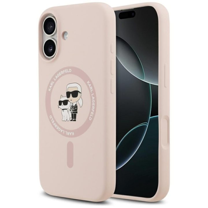 Telefono dėklas iPhone 17 rožinis silikoninis MagSafe Karl Lagerfeld