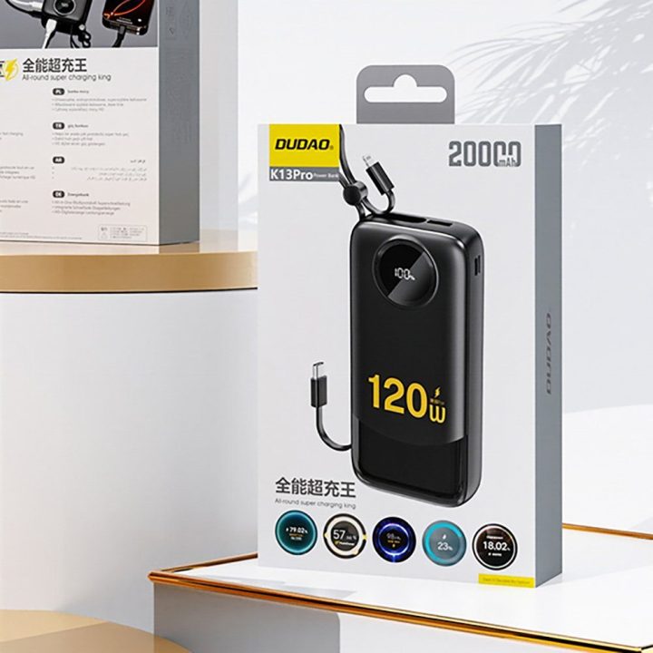 Išorinė baterija 20000 mAh su integruotu laidu juoda K13Pro