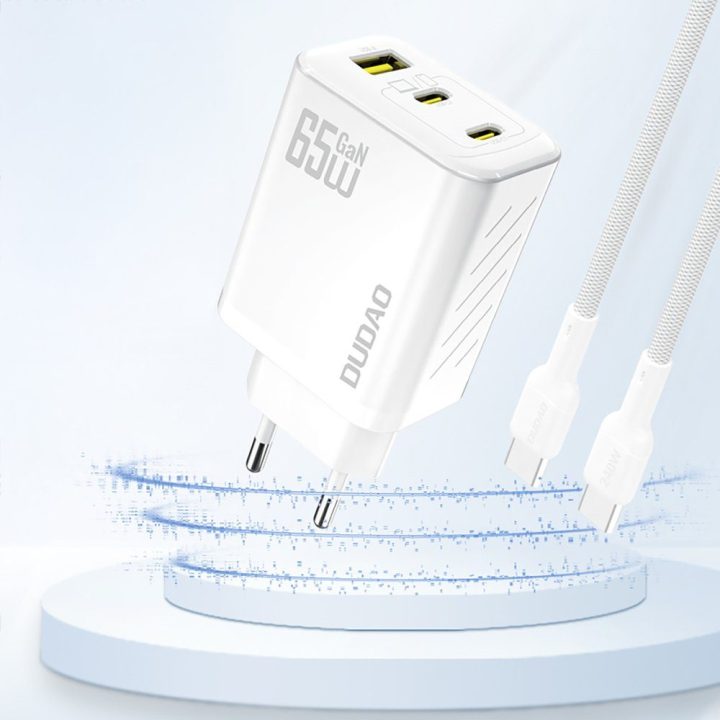 Kroviklis sieninis 65 W GaN 2×USB-C + USB-A baltas