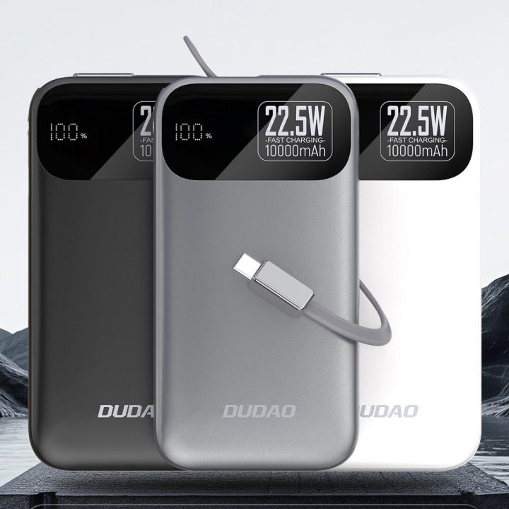 Išorinė baterija 10000 mAh 22,5 W su integruotu laidu pilka