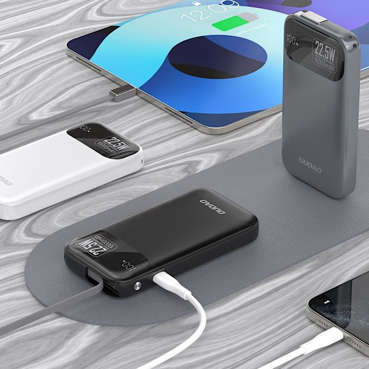 Išorinė baterija 10000 mAh 22,5 W su integruotu laidu pilka