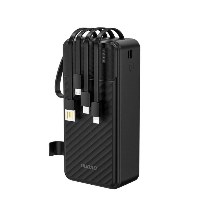 Išorinė baterija 30000 mAh su integruotais laidais juoda