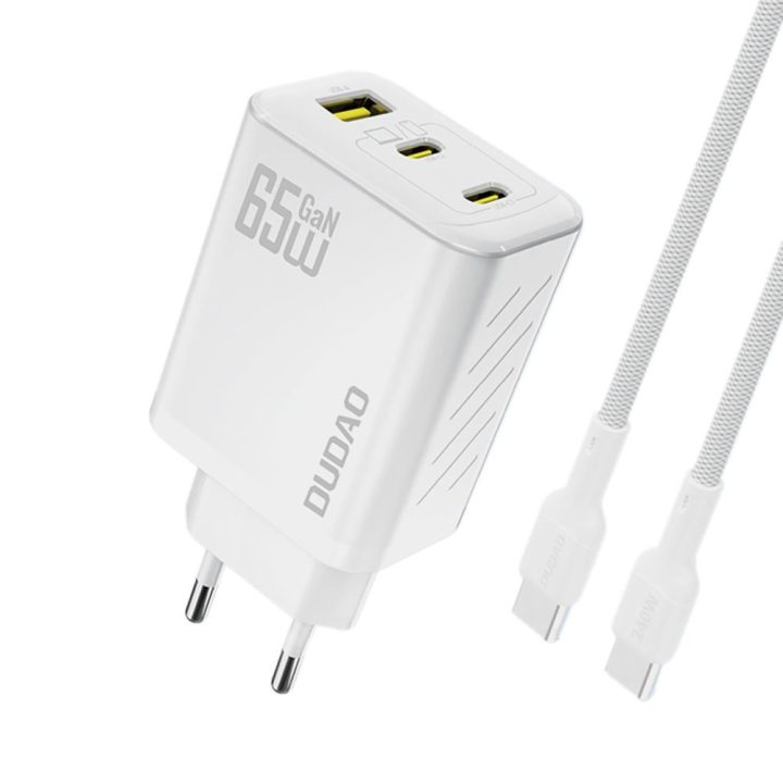 Kroviklis sieninis 65 W GaN su USB-C laidu baltas