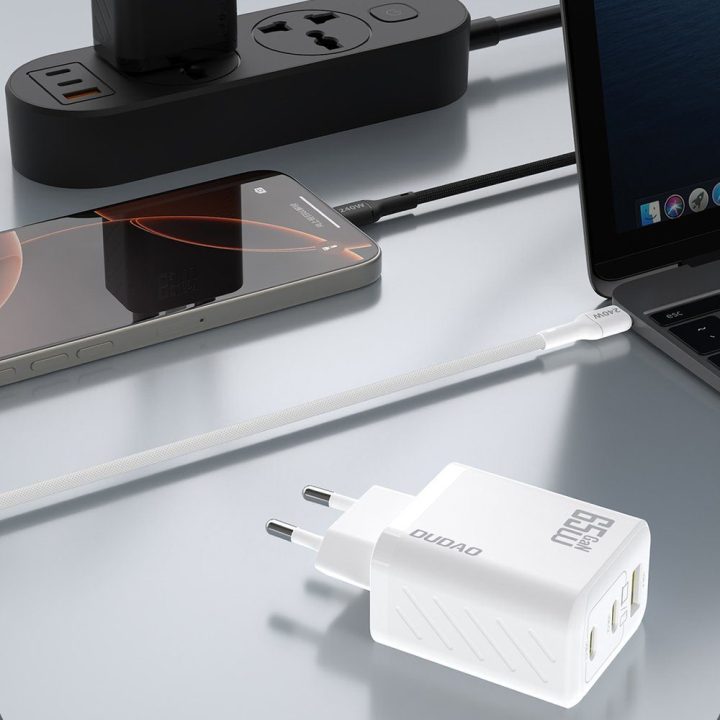 Kroviklis sieninis 65 W GaN su USB-C laidu baltas