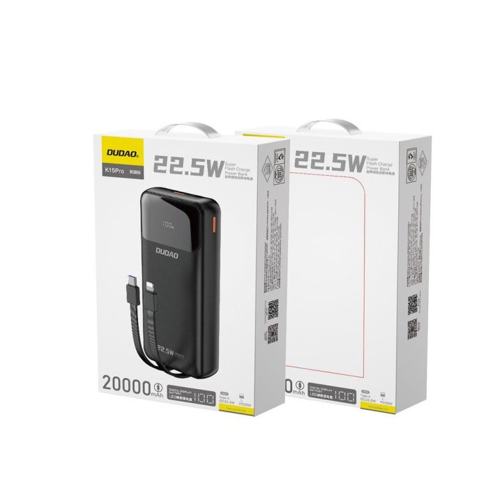 Išorinė baterija 20000 mAh 22,5 W su integruotais laidais